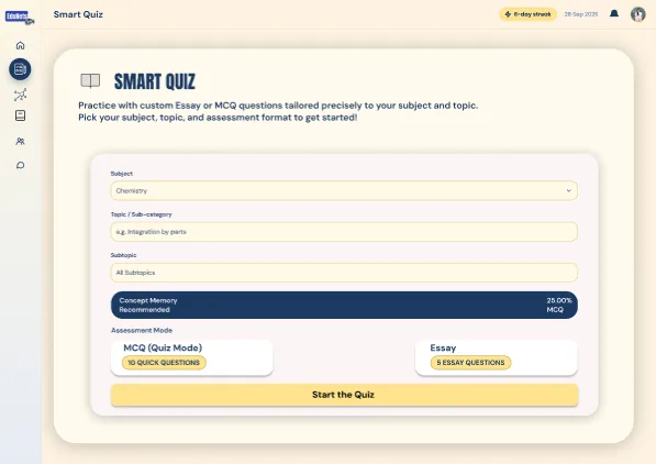 Smart Quiz setup screen