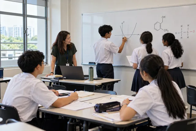 A teacher guiding students at a whiteboard