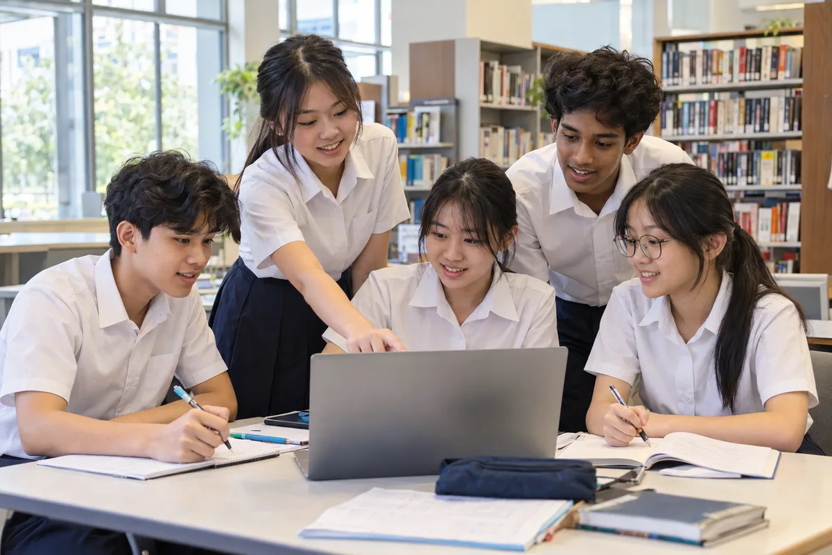 Secondary school students revising together on a laptop